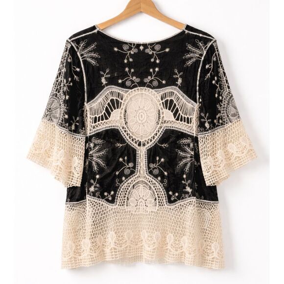 NWT Anthropologie Kindred 2X Black Ivory Embroidery Boho Kimono Cardigan Crochet - Picture 2 of 12